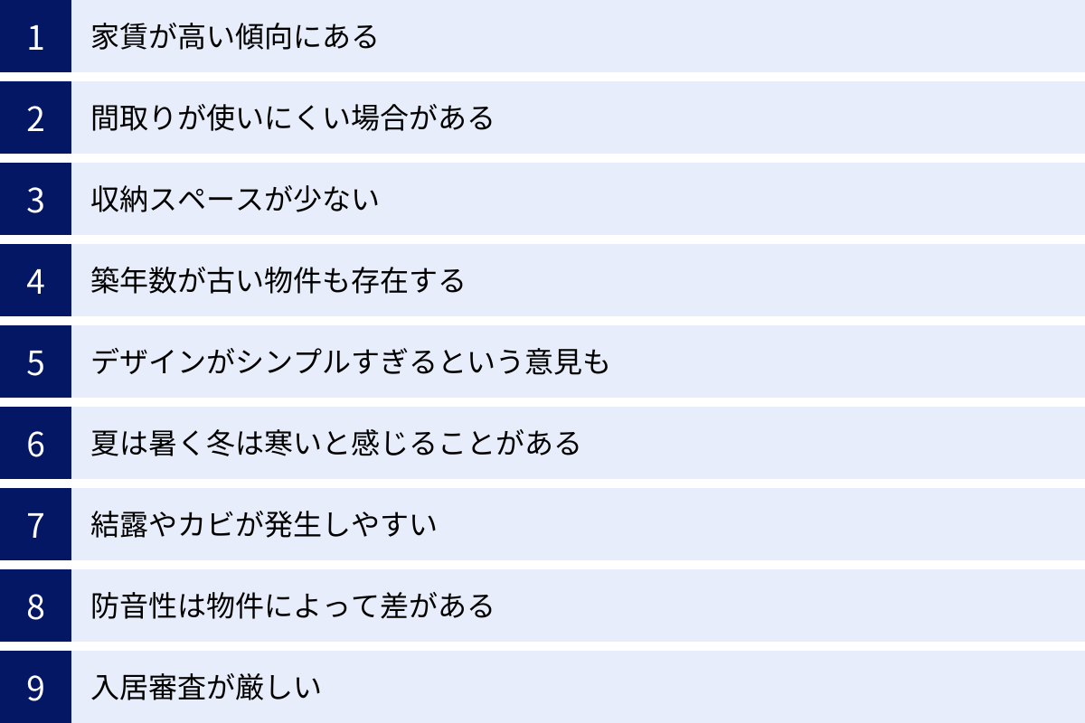 家賃が高い傾向にある、間取りが使いにくい場合がある、収納スペースが少ない、築年数が古い物件も存在する、デザインがシンプルすぎるという意見も、夏は暑く冬は寒いと感じることがある、結露やカビが発生しやすい、防音性は物件によって差がある、入居審査が厳しい