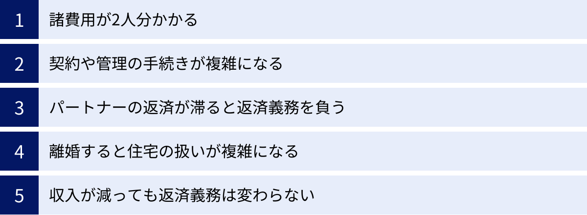 諸費用が2人分かかる、契約や管理の手続きが複雑になる、パートナーの返済が滞ると返済義務を負う、離婚すると住宅の扱いが複雑になる、収入が減っても返済義務は変わらない