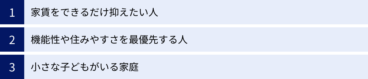 家賃をできるだけ抑えたい人、機能性や住みやすさを最優先する人、小さな子どもがいる家庭