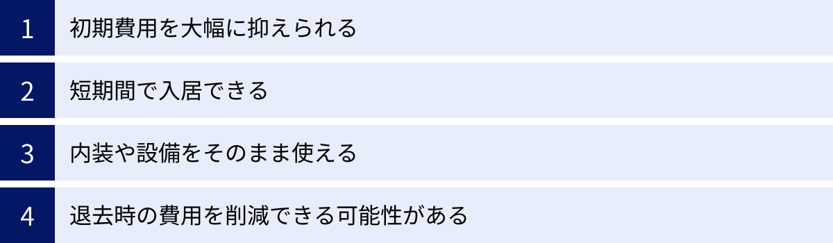 初期費用を大幅に抑えられる、短期間で入居できる、内装や設備をそのまま使える、退去時の費用を削減できる可能性がある