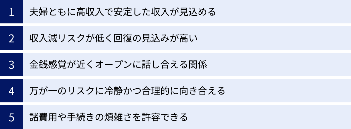 夫婦ともに高収入で安定した収入が見込める、収入減リスクが低く回復の見込みが高い、金銭感覚が近くオープンに話し合える関係、万が一のリスクに冷静かつ合理的に向き合える、諸費用や手続きの煩雑さを許容できる