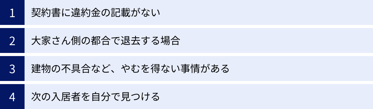 契約書に違約金の記載がない、大家さん側の都合で退去する場合、建物の不具合など、やむを得ない事情がある、次の入居者を自分で見つける