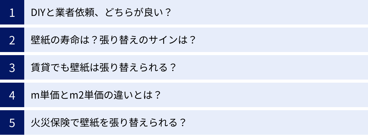 DIYと業者依頼、どちらが良い？、壁紙の寿命は？張り替えのサインは？、賃貸でも壁紙は張り替えられる？、m単価とm2単価の違いとは？、火災保険で壁紙を張り替えられる？