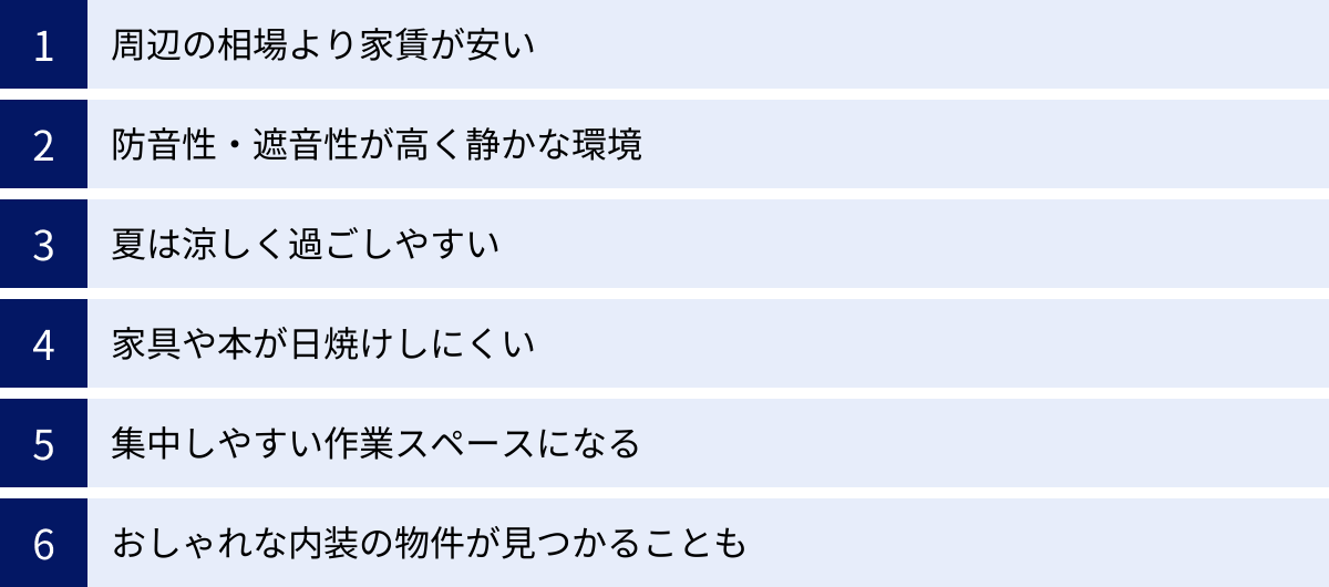 周辺の相場より家賃が安い、防音性・遮音性が高く静かな環境、夏は涼しく過ごしやすい、家具や本が日焼けしにくい、集中しやすい作業スペースになる、おしゃれな内装の物件が見つかることも