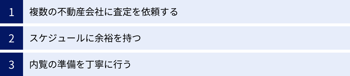 複数の不動産会社に査定を依頼する、スケジュールに余裕を持つ、内覧の準備を丁寧に行う