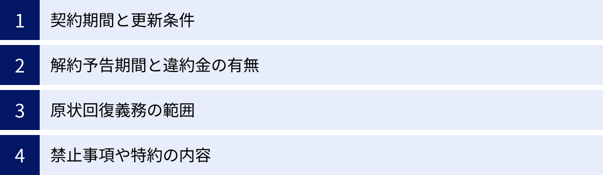 契約期間と更新条件、解約予告期間と違約金の有無、原状回復義務の範囲、禁止事項や特約の内容