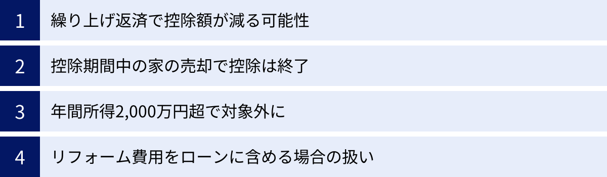 繰り上げ返済で控除額が減る可能性、控除期間中の家の売却で控除は終了、年間所得2,000万円超で対象外に、リフォーム費用をローンに含める場合の扱い