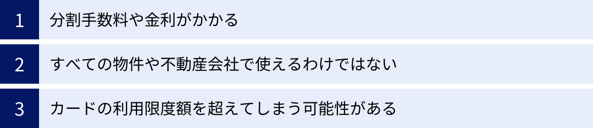 分割手数料や金利がかかる、すべての物件や不動産会社で使えるわけではない、カードの利用限度額を超えてしまう可能性がある