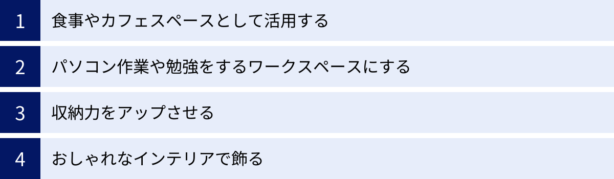 食事やカフェスペースとして活用する、パソコン作業や勉強をするワークスペースにする、収納力をアップさせる、おしゃれなインテリアで飾る
