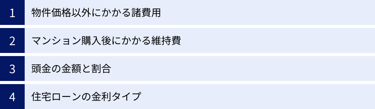 物件価格以外にかかる諸費用、マンション購入後にかかる維持費、頭金の金額と割合、住宅ローンの金利タイプ