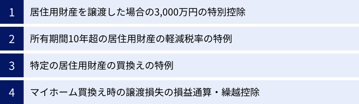 居住用財産を譲渡した場合の3,000万円の特別控除、所有期間10年超の居住用財産の軽減税率の特例、特定の居住用財産の買換えの特例、マイホーム買換え時の譲渡損失の損益通算・繰越控除