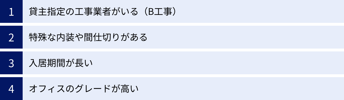 貸主指定の工事業者がいる（B工事）、特殊な内装や間仕切りがある、入居期間が長い、オフィスのグレードが高い