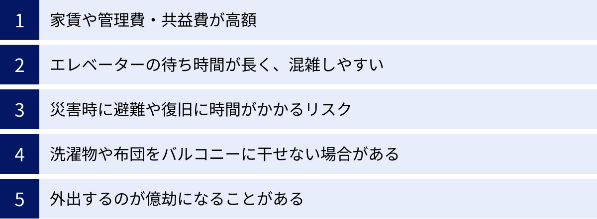 家賃や管理費・共益費が高額、エレベーターの待ち時間が長く、混雑しやすい、災害時に避難や復旧に時間がかかるリスク、洗濯物や布団をバルコニーに干せない場合がある、外出するのが億劫になることがある