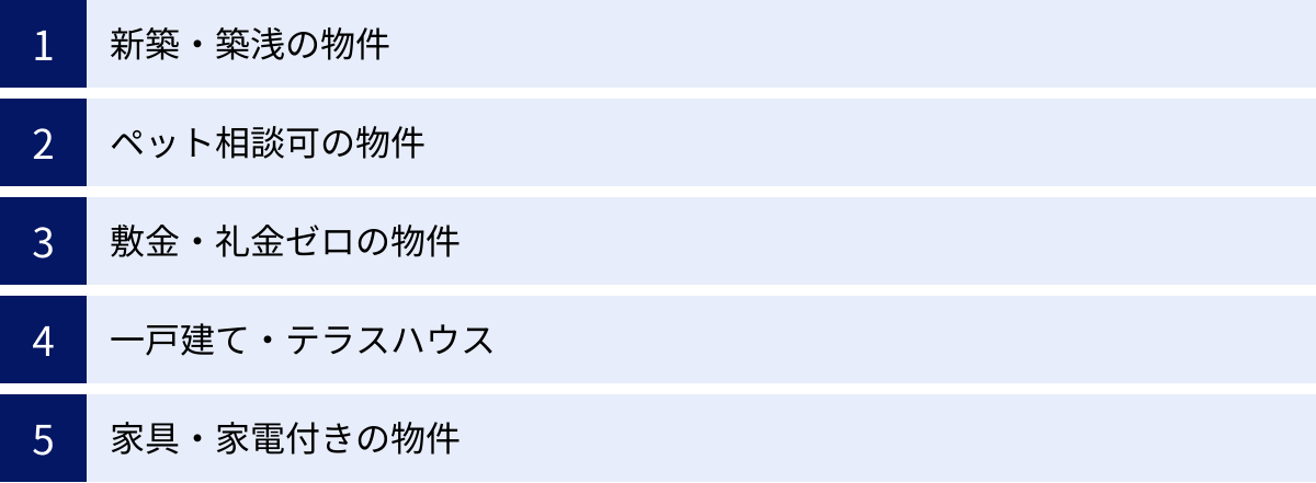 新築・築浅の物件、ペット相談可の物件、敷金・礼金ゼロの物件、一戸建て・テラスハウス、家具・家電付きの物件