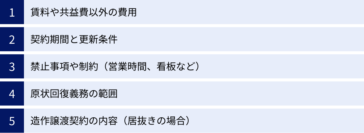 賃料や共益費以外の費用、契約期間と更新条件、禁止事項や制約（営業時間、看板など）、原状回復義務の範囲、造作譲渡契約の内容（居抜きの場合）