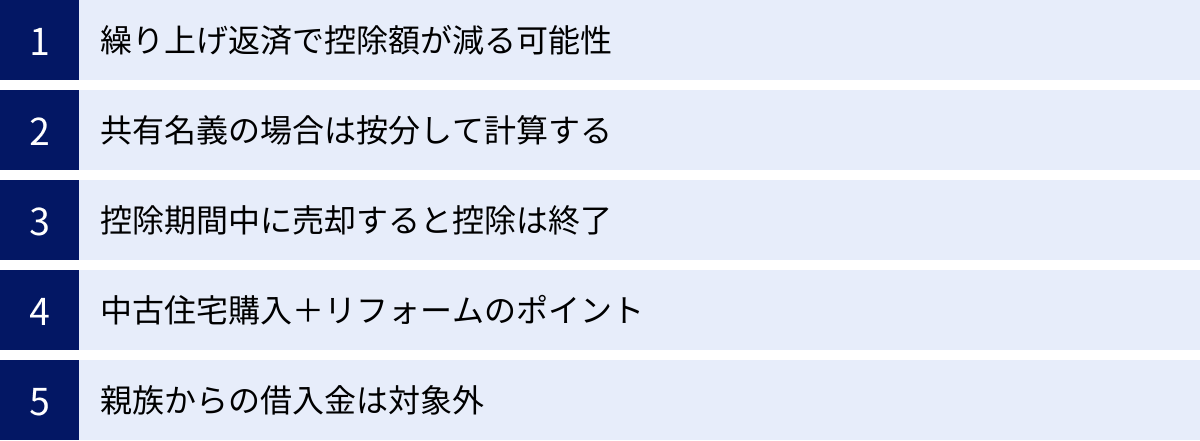 繰り上げ返済で控除額が減る可能性、共有名義の場合は按分して計算する、控除期間中に売却すると控除は終了、中古住宅購入＋リフォームのポイント、親族からの借入金は対象外