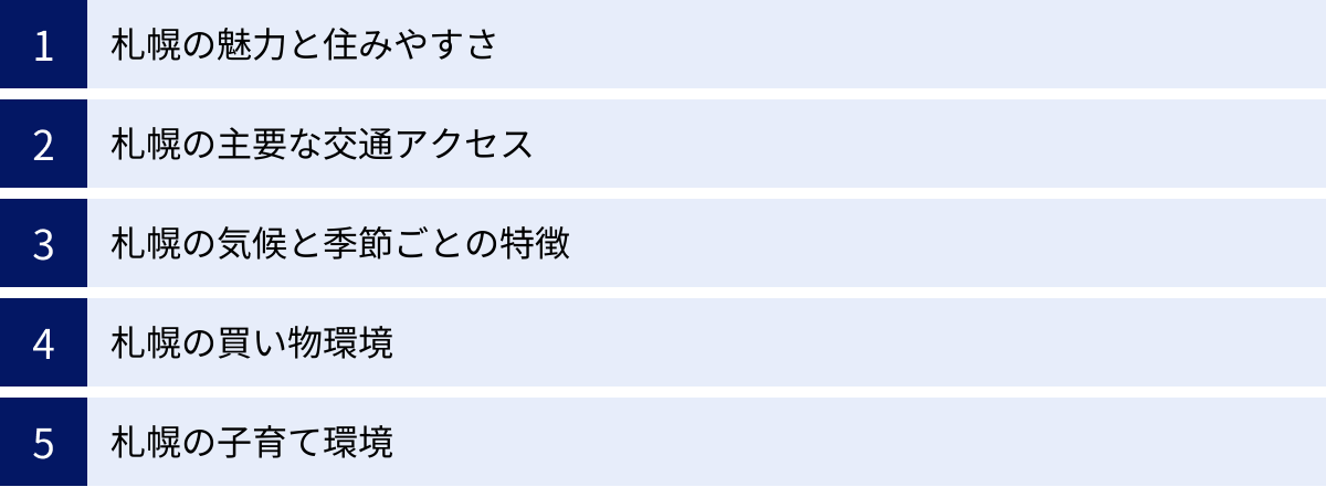 札幌の魅力と住みやすさ、札幌の主要な交通アクセス、札幌の気候と季節ごとの特徴、札幌の買い物環境、札幌の子育て環境