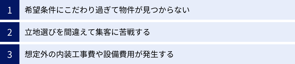 希望条件にこだわり過ぎて物件が見つからない、立地選びを間違えて集客に苦戦する、想定外の内装工事費や設備費用が発生する