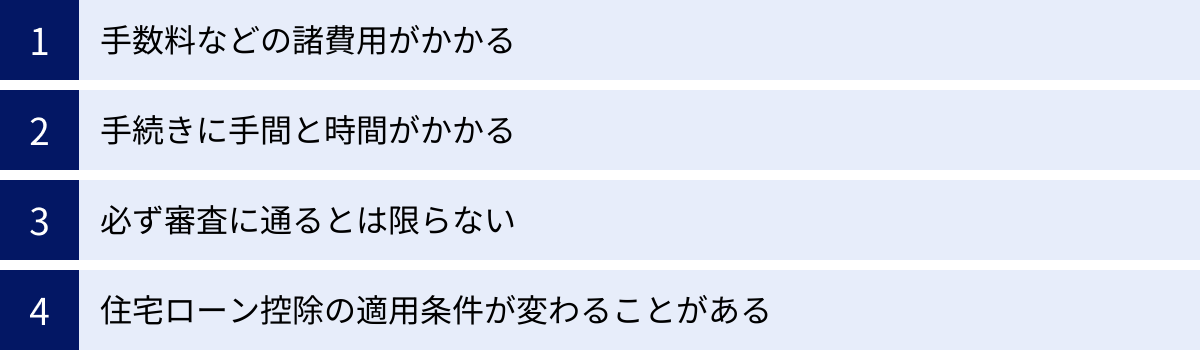 手数料などの諸費用がかかる、手続きに手間と時間がかかる、必ず審査に通るとは限らない、住宅ローン控除の適用条件が変わることがある