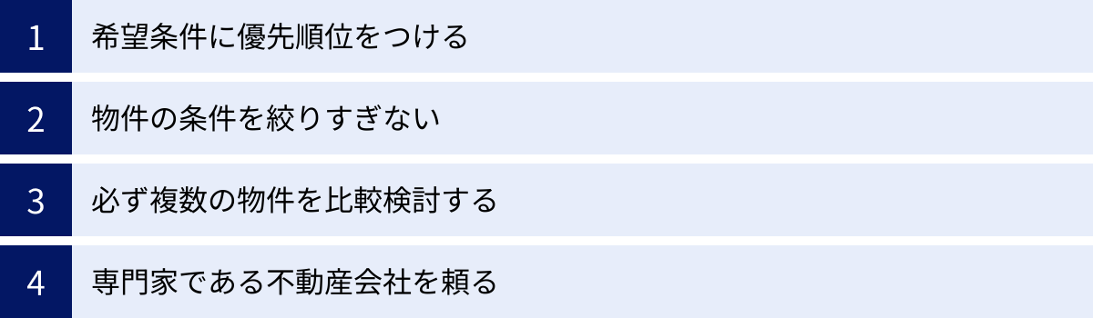 希望条件に優先順位をつける、物件の条件を絞りすぎない、必ず複数の物件を比較検討する、専門家である不動産会社を頼る