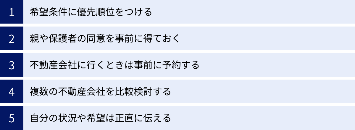 希望条件に優先順位をつける、親や保護者の同意を事前に得ておく、不動産会社に行くときは事前に予約する、複数の不動産会社を比較検討する、自分の状況や希望は正直に伝える