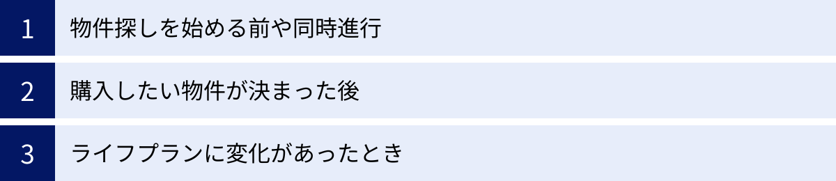 物件探しを始める前や同時進行、購入したい物件が決まった後、ライフプランに変化があったとき