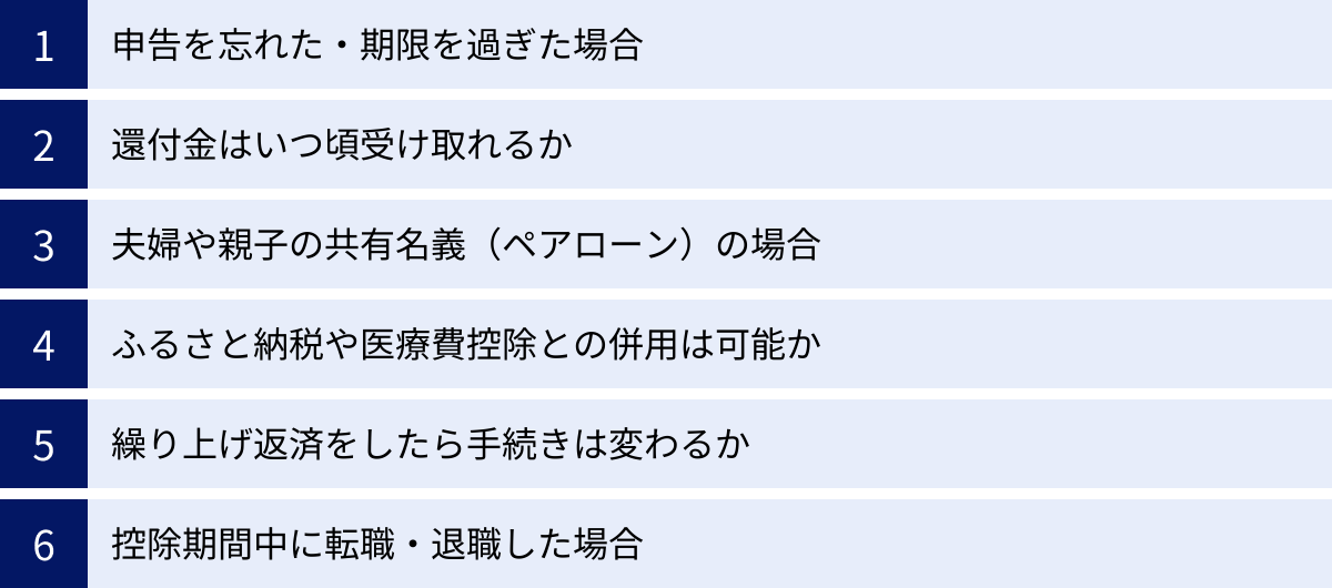 申告を忘れた・期限を過ぎた場合、還付金はいつ頃受け取れるか、夫婦や親子の共有名義（ペアローン）の場合、ふるさと納税や医療費控除との併用は可能か、繰り上げ返済をしたら手続きは変わるか、控除期間中に転職・退職した場合