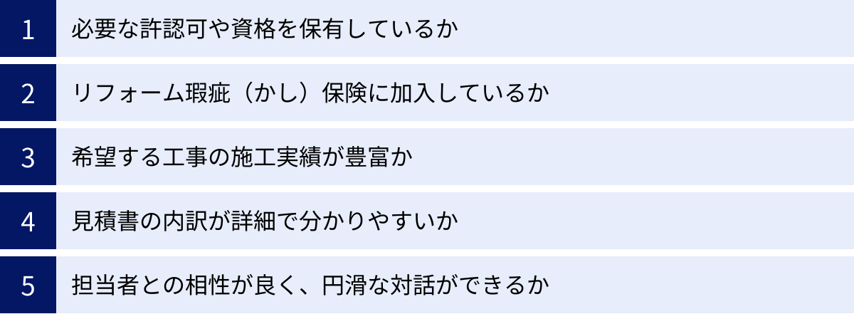 必要な許認可や資格を保有しているか、リフォーム瑕疵（かし）保険に加入しているか、希望する工事の施工実績が豊富か、見積書の内訳が詳細で分かりやすいか、担当者との相性が良く、円滑な対話ができるか