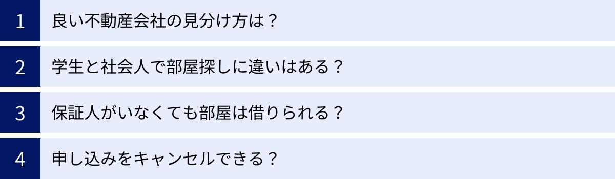 良い不動産会社の見分け方は？、学生と社会人で部屋探しに違いはある？、保証人がいなくても部屋は借りられる？、申し込みをキャンセルできる？