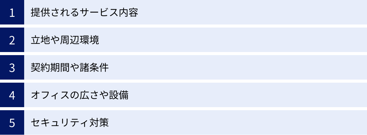 提供されるサービス内容、立地や周辺環境、契約期間や諸条件、オフィスの広さや設備、セキュリティ対策