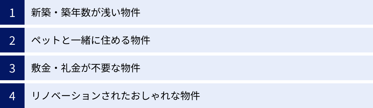 新築・築年数が浅い物件、ペットと一緒に住める物件、敷金・礼金が不要な物件、リノベーションされたおしゃれな物件