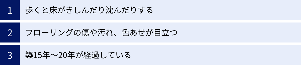 歩くと床がきしんだり沈んだりする、フローリングの傷や汚れ、色あせが目立つ、築15年〜20年が経過している