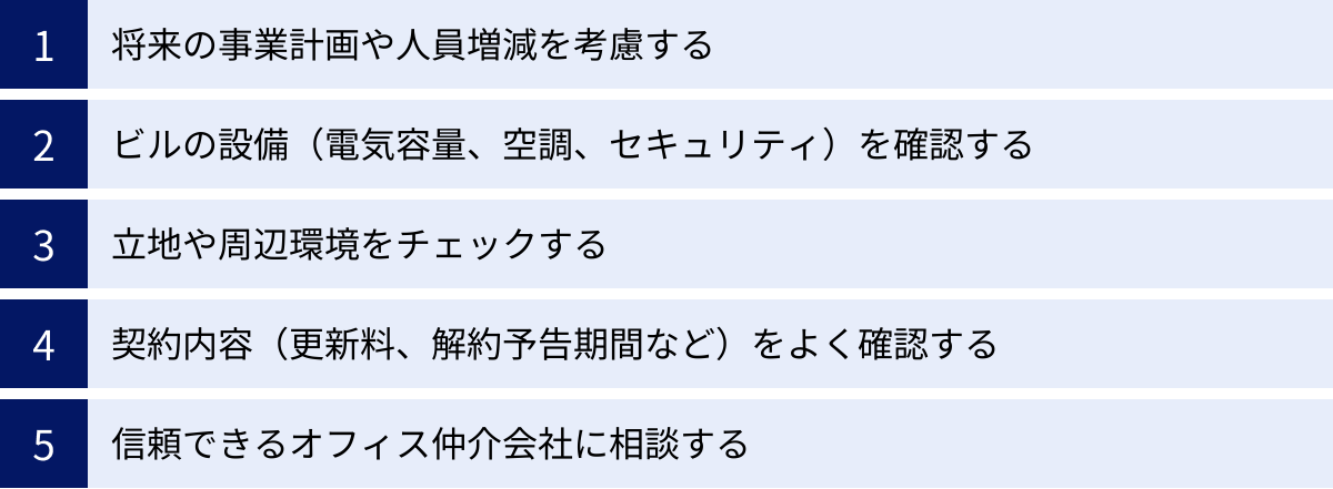 将来の事業計画や人員増減を考慮する、ビルの設備（電気容量、空調、セキュリティ）を確認する、立地や周辺環境をチェックする、契約内容（更新料、解約予告期間など）をよく確認する、信頼できるオフィス仲介会社に相談する