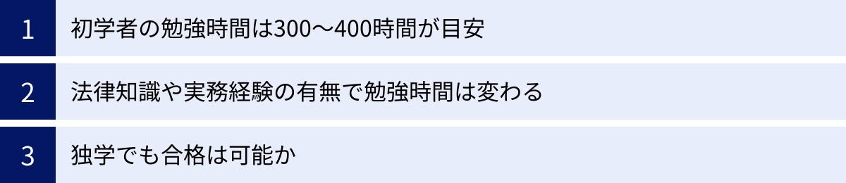 初学者の勉強時間は300～400時間が目安、法律知識や実務経験の有無で勉強時間は変わる、独学でも合格は可能か