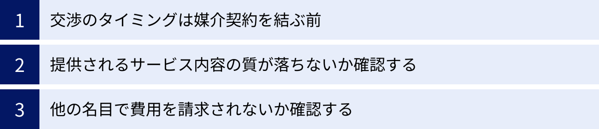 交渉のタイミングは媒介契約を結ぶ前、提供されるサービス内容の質が落ちないか確認する、他の名目で費用を請求されないか確認する