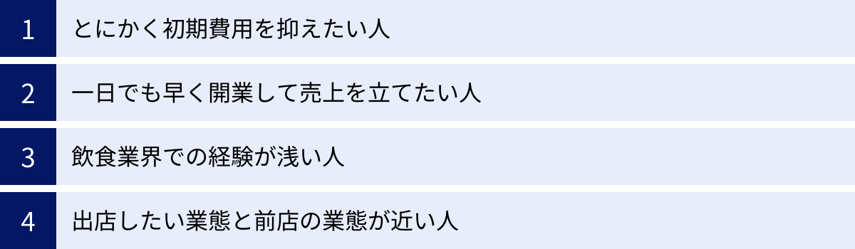 とにかく初期費用を抑えたい人、一日でも早く開業して売上を立てたい人、飲食業界での経験が浅い人、出店したい業態と前店の業態が近い人
