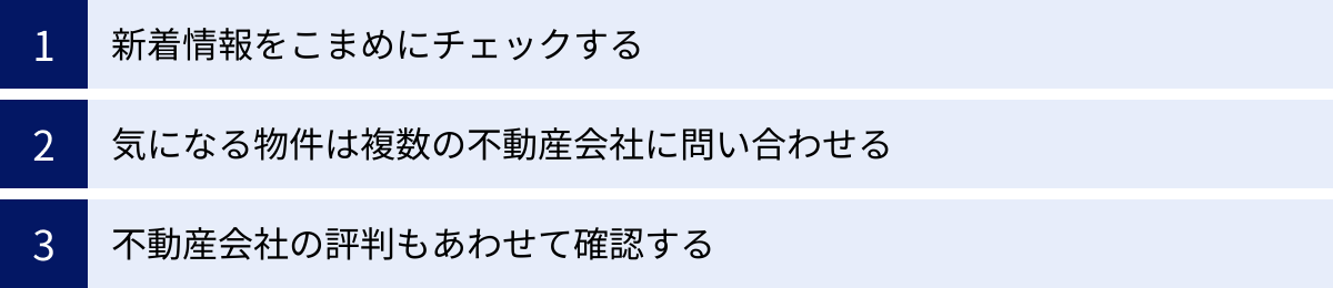 新着情報をこまめにチェックする、気になる物件は複数の不動産会社に問い合わせる、不動産会社の評判もあわせて確認する