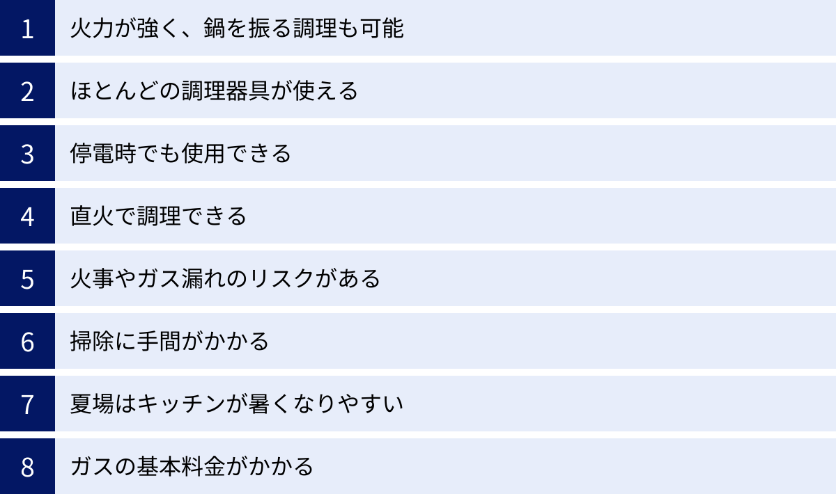 火力が強く、鍋を振る調理も可能、ほとんどの調理器具が使える、停電時でも使用できる、直火で調理できる、火事やガス漏れのリスクがある、掃除に手間がかかる、夏場はキッチンが暑くなりやすい、ガスの基本料金がかかる