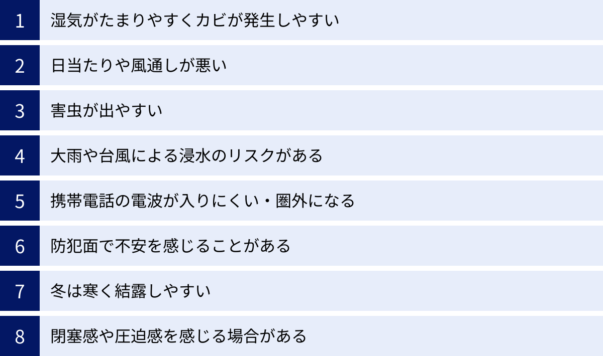 湿気がたまりやすくカビが発生しやすい、日当たりや風通しが悪い、害虫が出やすい、大雨や台風による浸水のリスクがある、携帯電話の電波が入りにくい・圏外になる、防犯面で不安を感じることがある、冬は寒く結露しやすい、閉塞感や圧迫感を感じる場合がある