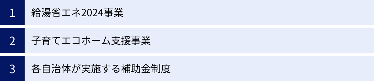給湯省エネ2024事業、子育てエコホーム支援事業、各自治体が実施する補助金制度