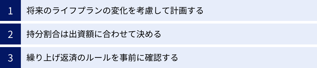 将来のライフプランの変化を考慮して計画する、持分割合は出資額に合わせて決める、繰り上げ返済のルールを事前に確認する