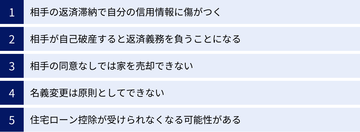 相手の返済滞納で自分の信用情報に傷がつく、相手が自己破産すると返済義務を負うことになる、相手の同意なしでは家を売却できない、名義変更は原則としてできない、住宅ローン控除が受けられなくなる可能性がある