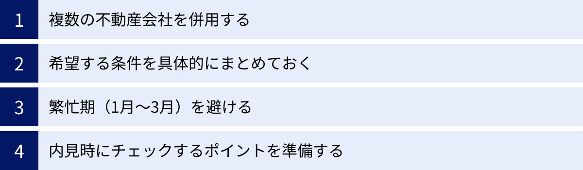 複数の不動産会社を併用する、希望する条件を具体的にまとめておく、繁忙期（1月～3月）を避ける、内見時にチェックするポイントを準備する