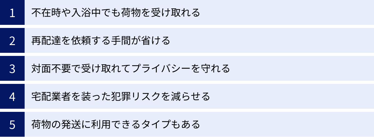 不在時や入浴中でも荷物を受け取れる、再配達を依頼する手間が省ける、対面不要で受け取れてプライバシーを守れる、宅配業者を装った犯罪リスクを減らせる、荷物の発送に利用できるタイプもある