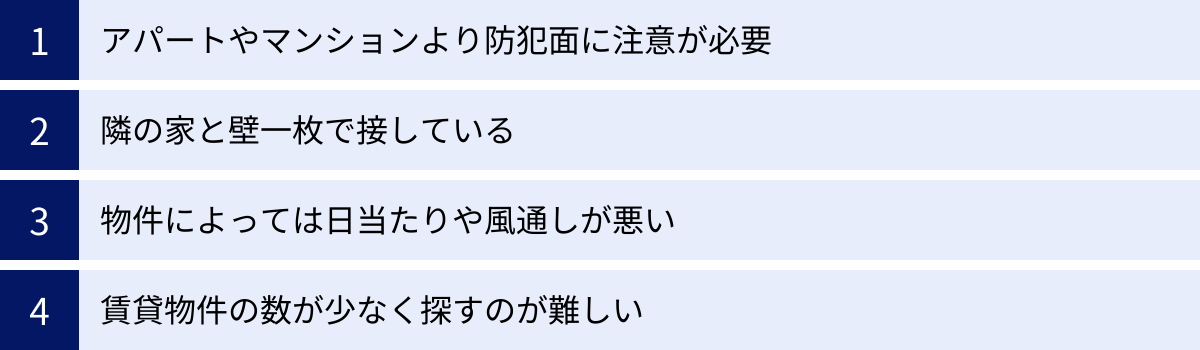 アパートやマンションより防犯面に注意が必要、隣の家と壁一枚で接している、物件によっては日当たりや風通しが悪い、賃貸物件の数が少なく探すのが難しい