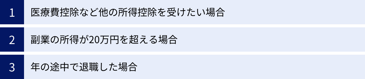 医療費控除など他の所得控除を受けたい場合、副業の所得が20万円を超える場合、年の途中で退職した場合