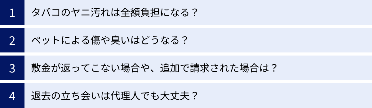 タバコのヤニ汚れは全額負担になる？、ペットによる傷や臭いはどうなる？、敷金が返ってこない場合や、追加で請求された場合は？、退去の立ち会いは代理人でも大丈夫？