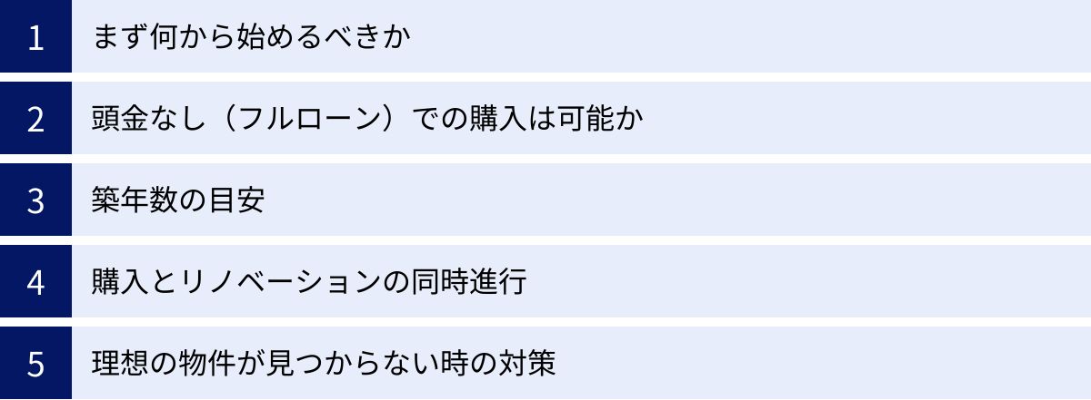 まず何から始めるべきか、頭金なし（フルローン）での購入は可能か、築年数の目安、購入とリノベーションの同時進行、理想の物件が見つからない時の対策