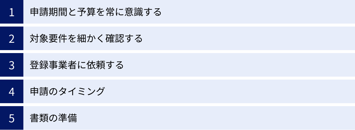 申請期間と予算を常に意識する、対象要件を細かく確認する、登録事業者に依頼する、申請のタイミング、書類の準備