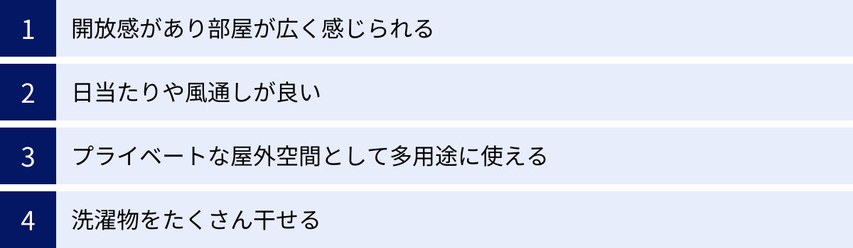 開放感があり部屋が広く感じられる、日当たりや風通しが良い、プライベートな屋外空間として多用途に使える、洗濯物をたくさん干せる